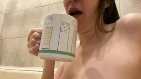 MILF Drink Water and Tea and Then Pee From Hairy Pussy