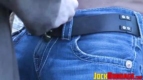 ”Submissive jock outdoor dominated by wild hunk”