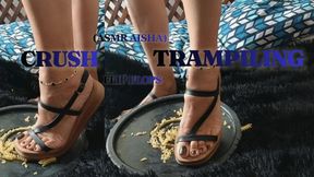 Woman in flip flops crushing and trampling food (8)