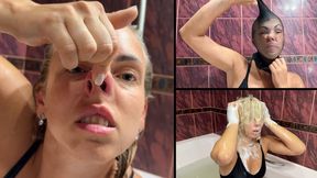 Helga pinches her nose, washes hair and puts stocking on her head
