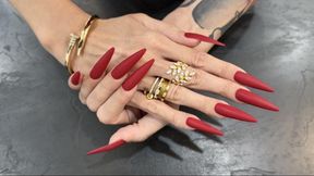 RED matte color Long nails, palms and long fingers wide