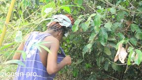 the tiny bitch get fucked in the bush by her black bbc boy friend on their way back from farm