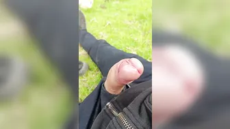 Twink jerks his big cock outdoors near the city and almost gets caught