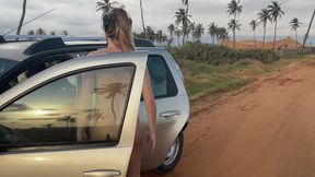 Naked Busty Blonde Walks by Car on Public Road