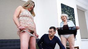 ”Young stud fucks horny grandma & unshaved wifey in threesome”