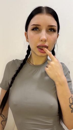 Teen with braces shows off her natural tits