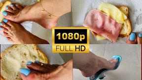 Sandwich prepared with feet EmpressBellaSadic Long Toes Nails Blue Nails Bread Crush