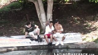 Two Latinos and a white guy fuck in bareback threesome