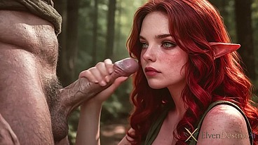 A hunter fucked an insanely hot and juicy redhead elven girl with his big old cock!! Her tits were bounsy as hell...[AI]