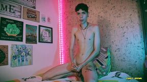 slow motion cumshot skinny twink magic c jerking his big cut cock with oil