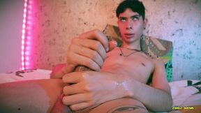 slow motion cumshot skinny twink magic c jerking his big cut cock with oil