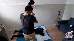behind the scenes with a group of shemales trampling and cumming on a masked dude