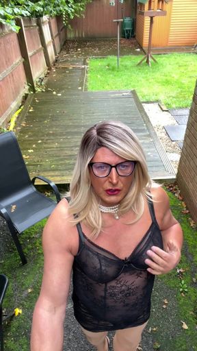 Sexy Crossdresser Kellycd2022 in Black Lace Dress and Tan Seamless Pantyhose