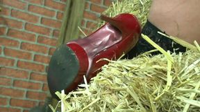 Chubby German redhead with big tits shows off in heels and pantyhose to masturbate her eager pussy with sex toy outdoor