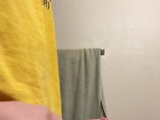 Guy jerks off cums quick in bathroom