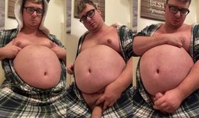 Fat boy belly play while jacking off with his huge cock
