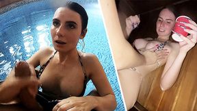 Steamy Sauna Blowjob: Pool Side Fun with Party Girls