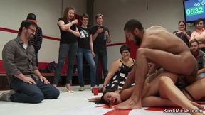 Lesbian wrestler ties opponent and lets public finger smash her then gangbang fuck and double penetration on mats