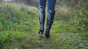 Gucinani Nail Heel Boots Walking Down a Muddy Track
