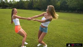 Lesbian outdoor sex between big-titted blonde Alexis Crystal and petite brunette Zlata