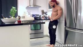 Handsome homo with muscular body solo masturbates