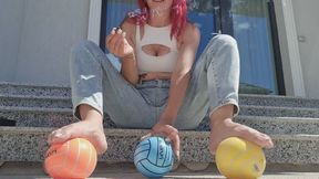 SMOKING JEANS GODDESS DESTROYS SOCCER BALLS WITH BURNING CIGARETTES