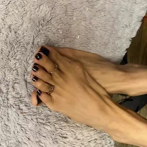 Black Nail Polish sy tiny feet with long toes with toe rings