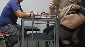 The neighbor comes to visit and ends up fucking in front of my husband - full video