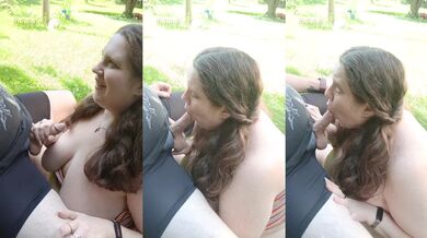 BBW swallows cum outdoors just the tip blowjob