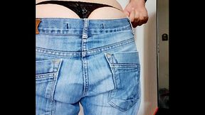 Greek crossdresser ass in skinny jeans and thong