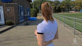 Skinny German girl fucks on soccer field POV