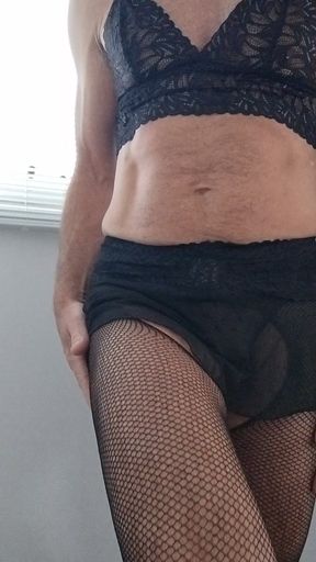 Tranny CD Teases in Black Lingerie