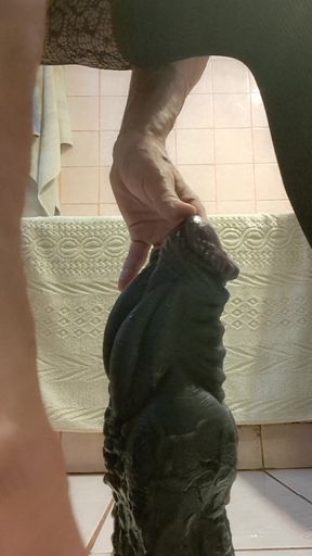 I fuck my ass with a giant dragon dildo dressed in a bodystocking