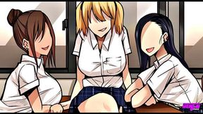 three sexy women take turns riding his big cock and get filled with cum