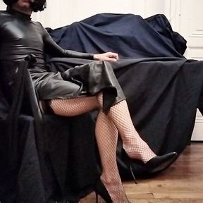 Lenaelle crossdresser in black tight wetlook dress, high heels and stockings cums a lot after a show