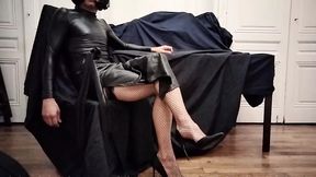 Lenaelle crossdresser in black tight wetlook dress, high heels and stockings cums a lot after a show
