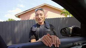 Cop lady with a sexy ponytail and uniform working on his shaft