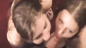 ”Lucky man gets a dual blowjob from two teen girls”
