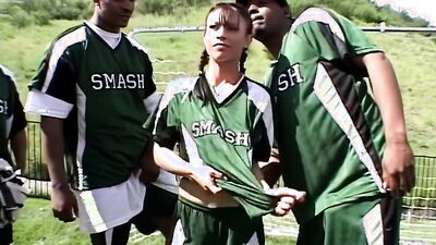 LAtina girl is being fucked outside by some hung black guys