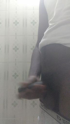 Masturbating my black cock after long time in bathroom,