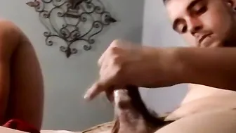 Two straight amateurs jack off together and shoot their loads