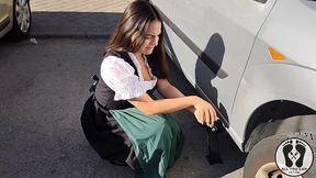 dirndl slut gets dirty and oily changing tires