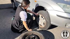 dirndl slut gets dirty and oily changing tires