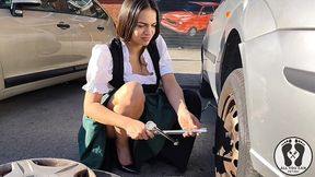 dirndl slut gets dirty and oily changing tires