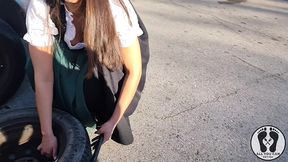 dirndl slut gets dirty and oily changing tires