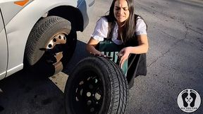 dirndl slut gets dirty and oily changing tires