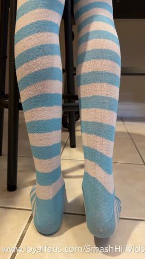 80lb petite ebony takes cum all over in blue thigh highs