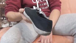 Kinky twink Piecia jerking off his big cock with sweaty sock