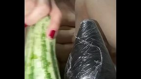 The bitch isn't content with just b  &mdash;  she loves to bust her tail in a big thick zucchini until the edge of her ass is loose