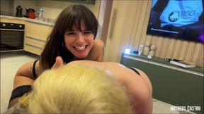 Threesome with a Naughty Blonde and Brunette They Took All Milk